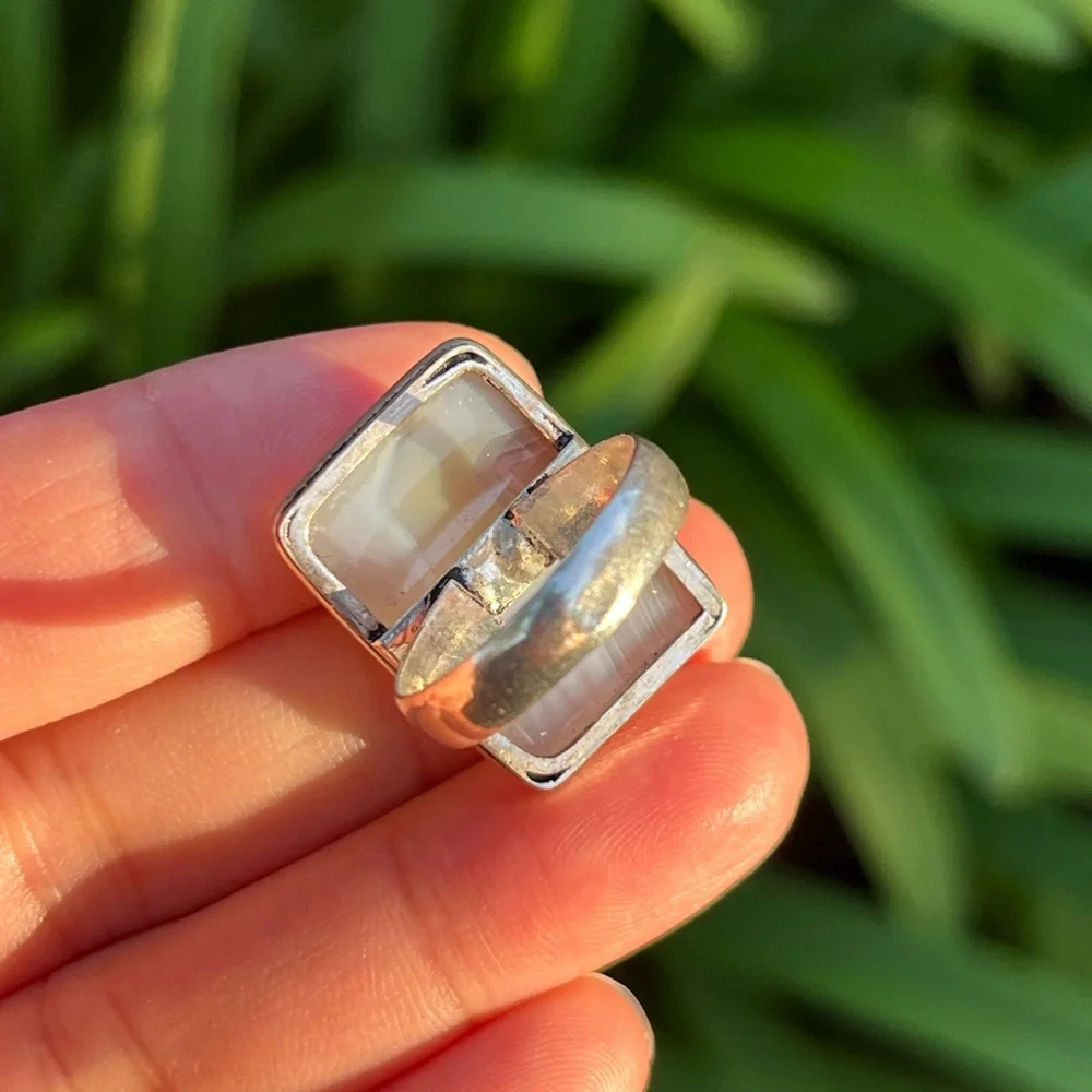 Size‎ 7.25 925 silver plated milky banded agate rectangular ring